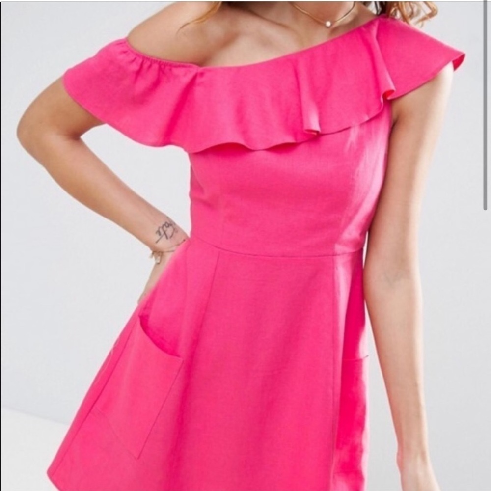 ASOS Pink Ruffle Linen A- Line Dress - Picture 1 of 10